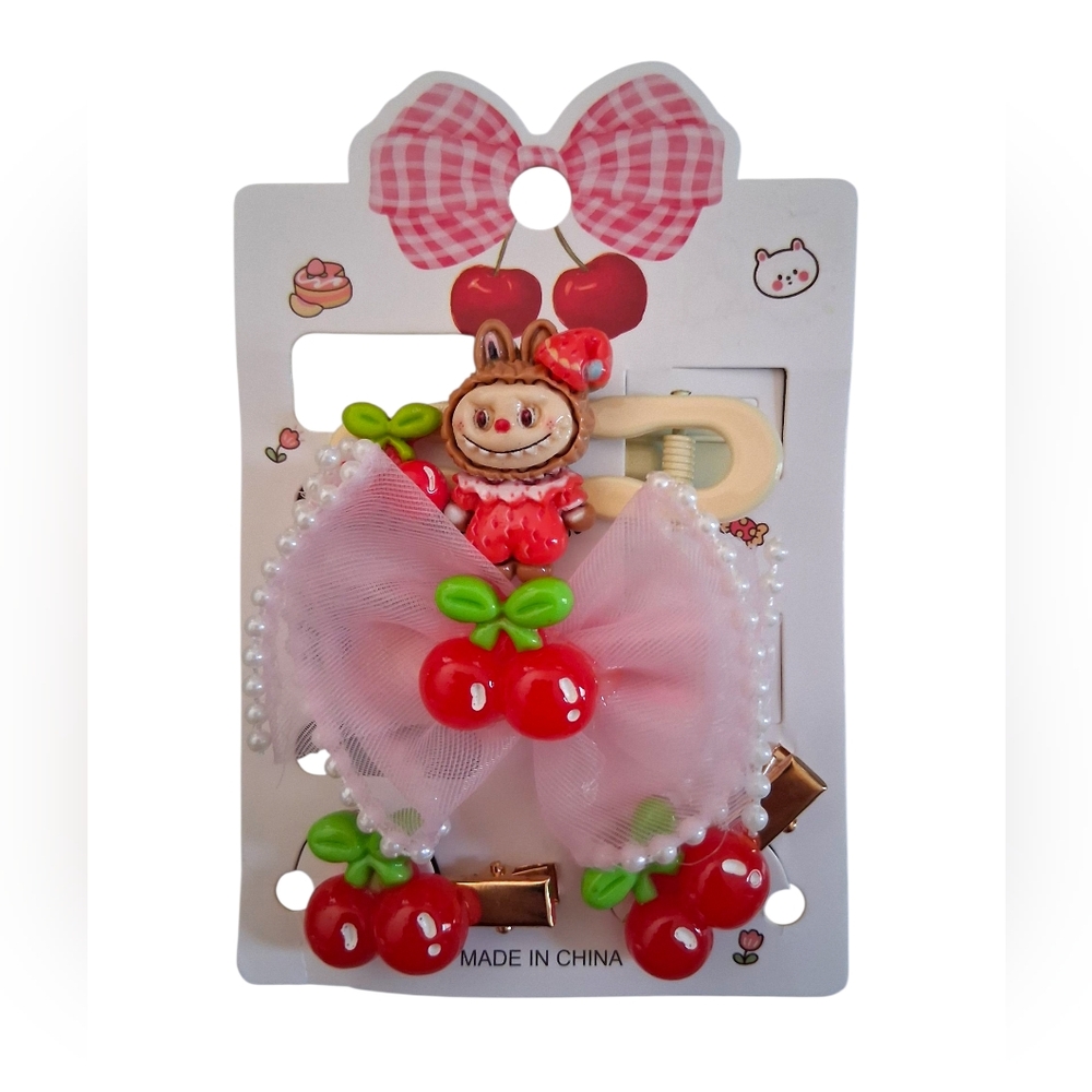 Labubu Hair Clips Set – Kawaii Cherry Bow